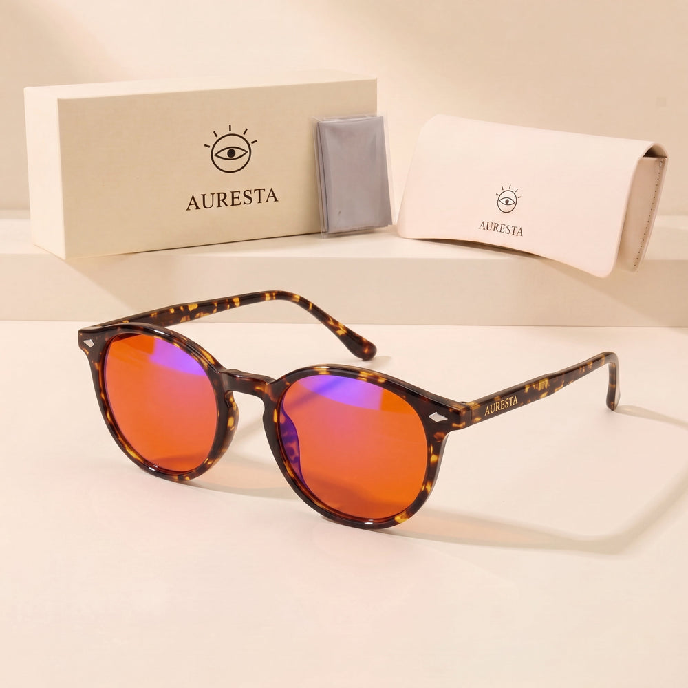 Hazel tortoise round blue light glasses with orange lenses beside the Auresta box, case and cleaning cloth
