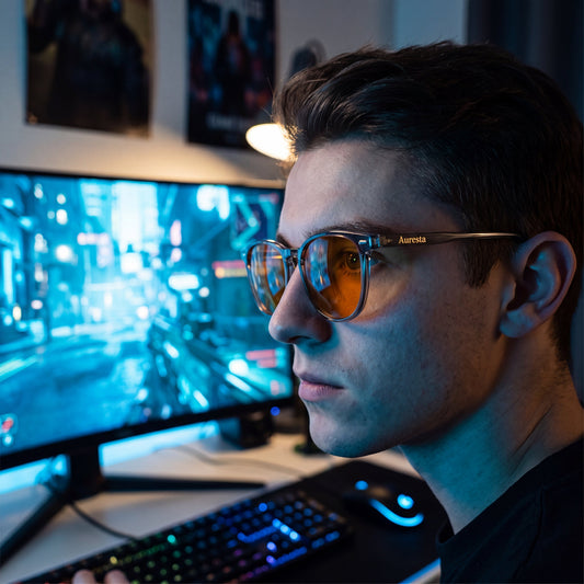 Gamer wearing Auresta Aura blue light glasses with amber lenses at a gaming setup