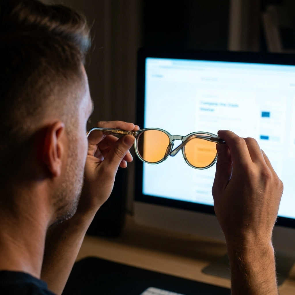 Man holding amber-lens Auresta blue light glasses in front of a bright monitor at night