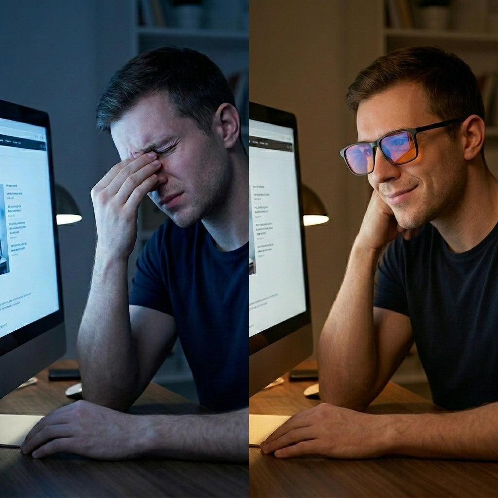 Auresta Ember amber-lens blue light glasses on a desk beside a monitor