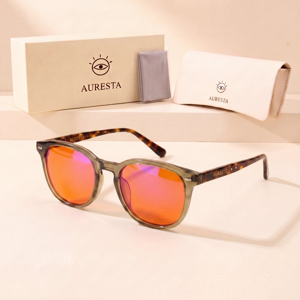 Willow Blue Light Blocking Glasses — Olive Round, Orange Lens for Night Screens & Gaming