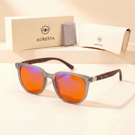 Ash Blue Light Blocking Glasses — Frosted Grey Square, Orange Lens for Night Screens & Gaming