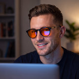 Raven Blue Light Glasses — Round Black Acetate, Amber Lenses