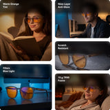 Ash blue light glasses shown in five scenes — reading in bed, at a desk in the evening, close-up of the orange lenses, in front of a monitor, and relaxing on a sofa