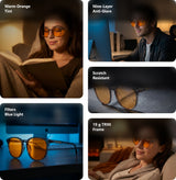 Aura blue light glasses shown in five scenes — reading in bed, at a desk in the evening, close-up of the orange lenses, in front of a monitor, and relaxing on a sofa