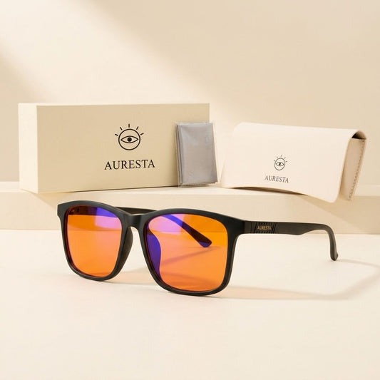 Ember black square blue light glasses with orange lenses beside the Auresta gift box, cloth and hard case