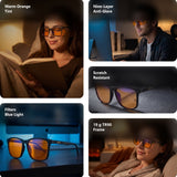 Ember blue light glasses shown in five scenes — reading in bed, at a desk in the evening, close-up of the orange lenses, in front of a monitor, and relaxing on a sofa