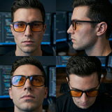 Four-up grid of a man at a coding desk wearing the Ember square black frame from front, side and above