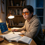 Student at a lamp-lit desk with laptop and open books, wearing Ember blue light glasses with orange lenses