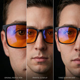 Three-panel portrait strip showing Ember blue light glasses in profile, front and three-quarter views