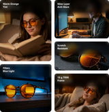 Hazel blue light glasses shown in five scenes — reading in bed, at a desk in the evening, close-up of the orange lenses, in front of a monitor, and relaxing on a sofa