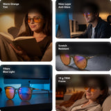 Olive blue light glasses shown in five scenes — reading in bed, at a desk in the evening, close-up of the orange lenses, in front of a monitor, and relaxing on a sofa