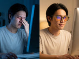 Split image: a man rubbing his eyes at a dark monitor, and a man at a lit desk wearing Olive blue light glasses