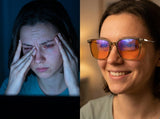 Split image: a woman rubbing tired eyes at a screen, and a woman smiling in Olive blue light glasses